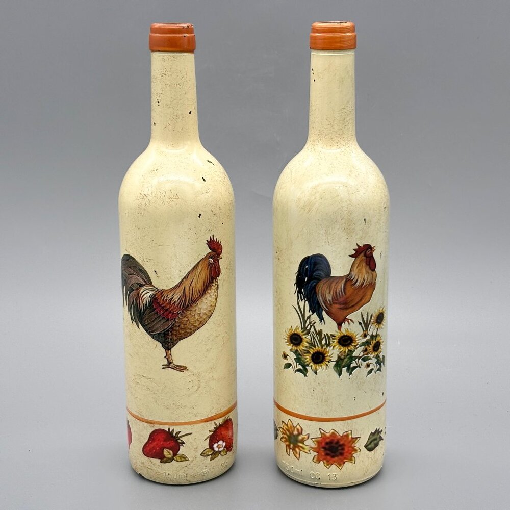 Vintage Hand Decorated Rooster Wine Bottle Pair With Fruit And Floral Bands